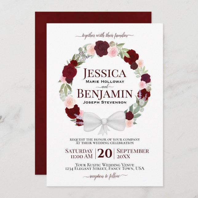 Rustic Burgundy Blush Floral Wreath Boho Wedding Invitation (Front/Back)