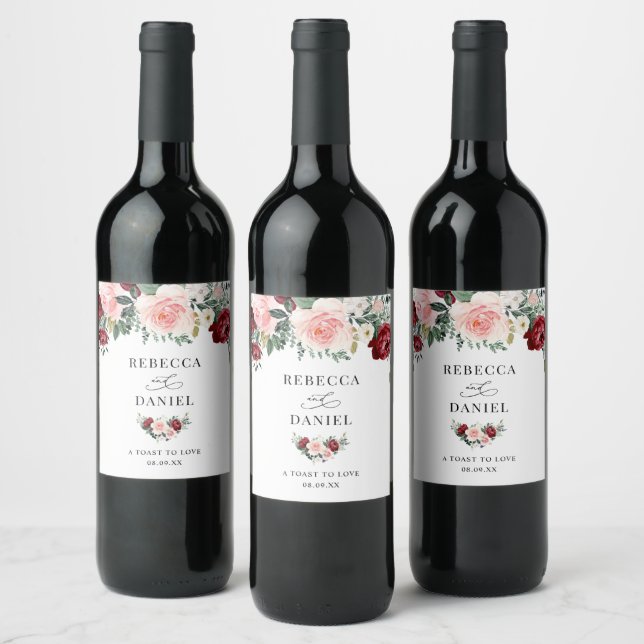 Rustic Burgundy Blush Flowers Wedding Personalized Wine Label (Bottles)