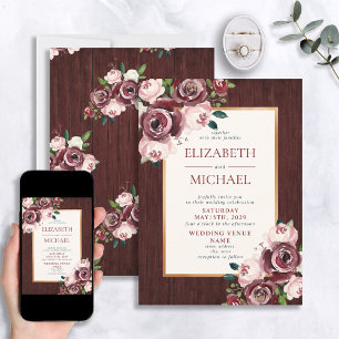 Rustic Burgundy Blush Gold Floral Wood Wedding Invitation