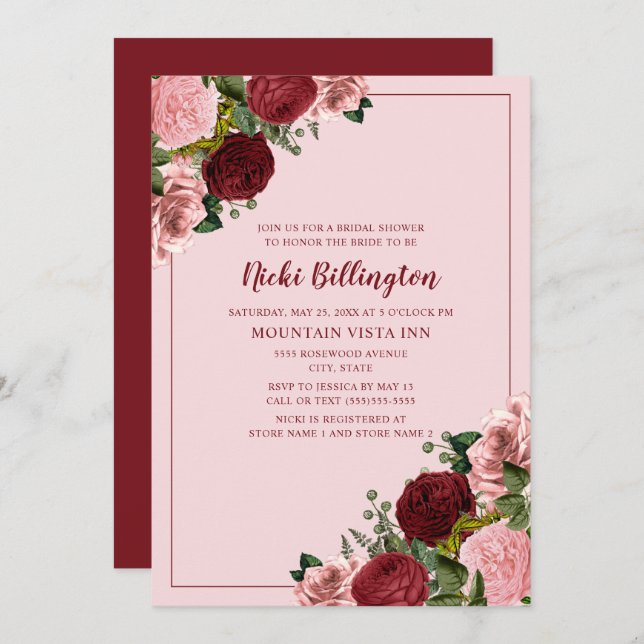 Rustic Burgundy Blush Pink Floral Bridal Shower Invitation (Front/Back)