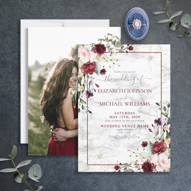 Rustic Burgundy Blush Pink Floral Photo Wedding Invitation (Creator Uploaded)