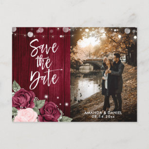 Rustic Burgundy Blush Pink Floral Wedding Photo Announcement Postcard