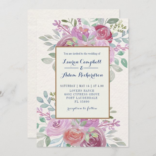 Rustic Burgundy & Blush Pink Rose Watercolor Invitation (Front/Back)