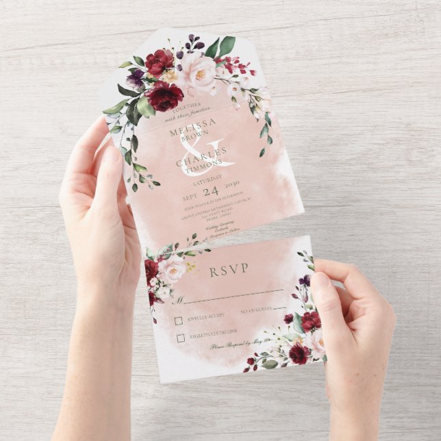 Rustic Burgundy & Blush Pink Roses Dinner All In One Invitation (Tearaway)