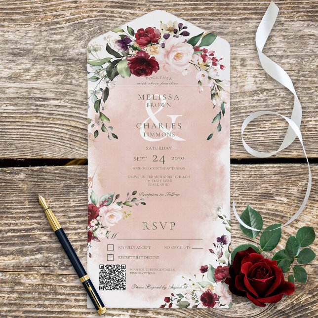 Rustic Burgundy & Blush Pink Roses QR Code All In One Invitation (Also available without a QR code; with or without dinner selection options.)