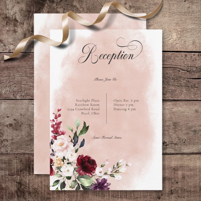 Rustic Burgundy & Blush Pink Roses Reception Enclosure Card (Rustic Burgundy & Blush Pink Roses Wedding Reception Card)