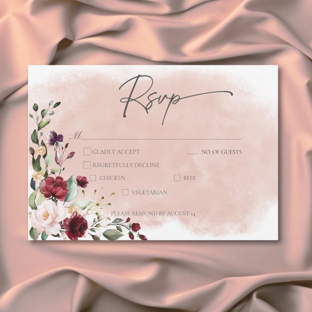 Rustic Burgundy & Blush Pink Roses Wedding Dinner RSVP Card (Rustic Burgundy & Blush Pink Roses Wedding Dinner RSVP Card)