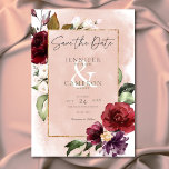 Rustic Burgundy & Blush Pink Roses Wedding Save The Date<br><div class="desc">Elevate your wedding to a level of pure romance with our stunning wedding save the date card. A soft arch of rich Marsala wine and delicate pink roses, artfully intertwined with lush greenery and delicate berries, graces the canvas of a soft blush-coloured watercolor splash background. This exquisite design is a...</div>