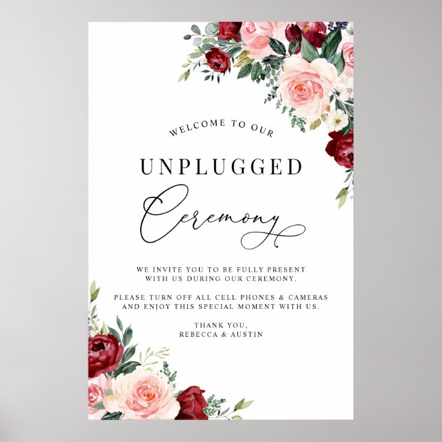 Rustic Burgundy Blush Unplugged Ceremony Wedding Poster (Front)