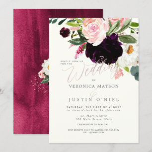 Rustic Burgundy+Blush Watercolor Flowers Invitation