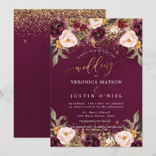 Rustic Burgundy+Blush Watercolor Flowers Invitation