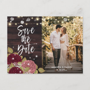 Rustic Burgundy Blush Wedding Photo Save The Date Announcement Postcard
