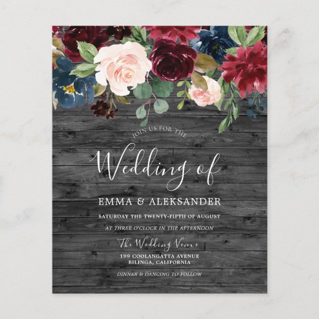 Rustic Burgundy Botanical Budget Wedding Invite (Front)
