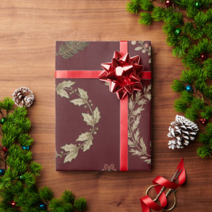 Rustic Burgundy Botanical Winter Christmas Wrapping Paper