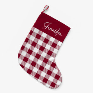 Rustic Burgundy Buffalo Plaid Name Small Christmas Stocking