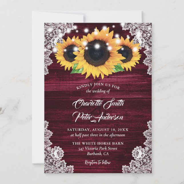 Rustic Burgundy Burlap Lace Sunflower Wedding Invitation (Front)