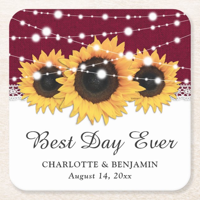 Rustic Burgundy Burlap Lace Sunflower Wedding Square Paper Coaster (Front)