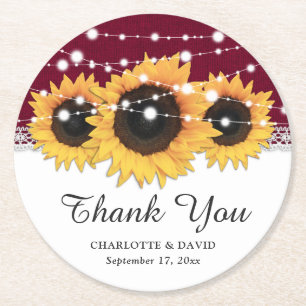Rustic Burgundy Burlap Sunflower Wedding Round Paper Coaster