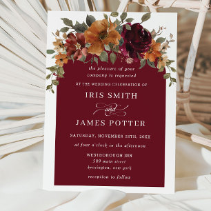 Rustic Burgundy Burnt Orange Floral Arch Wedding  Invitation