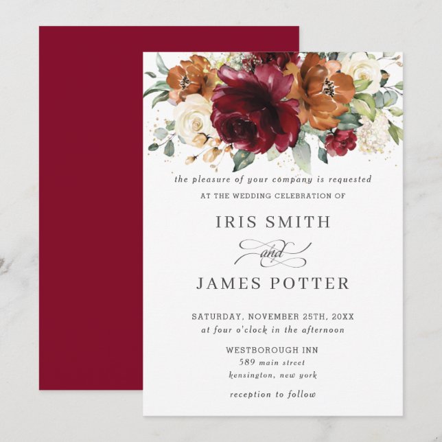 Rustic Burgundy Burnt Orange Ivory Floral Wedding Invitation (Front/Back)