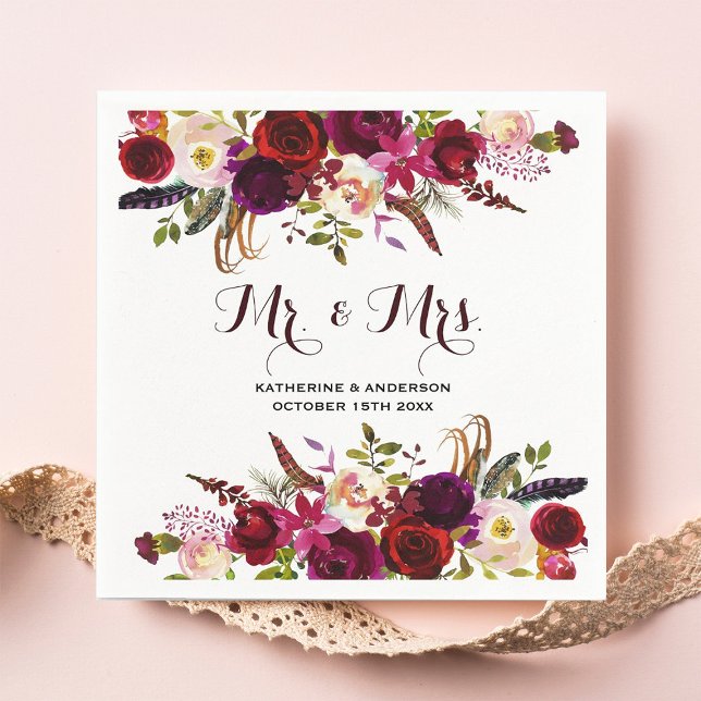 Rustic Burgundy Chic Floral Mr and Mrs Wedding Napkin (Creator Uploaded)