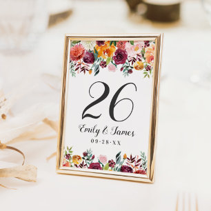 Rustic Burgundy Fall Floral Wedding Monogram Table Number