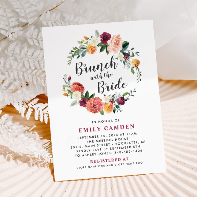 Rustic Burgundy Fall Floral Wreath Bridal Brunch Invitation (Creator Uploaded)