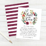 Rustic Burgundy Fall in Love Floral Wreath Advice Card<br><div class="desc">Stylish "Fall in Love" wedding advice card features a rustic wreath of fall watercolor flowers, including roses, dahlias, peony flowers, and greenery, in a gorgeous autumn palette of burgundy red, golden yellow, blush pink, and shades of green. A coordinating burgundy watercolor stripes pattern dresses up the back of the card....</div>