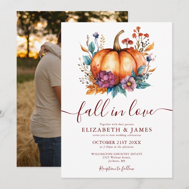 Rustic Burgundy Fall In Love Pumpkin Photo Wedding Invitation (Front/Back)