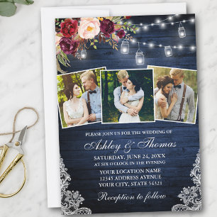 Rustic Burgundy Floral 3 Photo Jar Lights Wedding Invitation