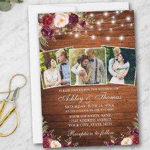 Rustic Burgundy Floral 3 Photo Wood Lights Wedding Invitation