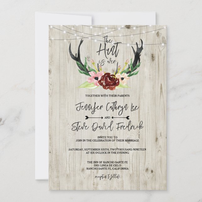 Rustic Burgundy Floral Antler Hunt is Over Wedding Invitation (Front)