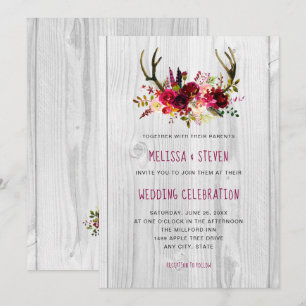 Rustic burgundy floral antlers Wedding invitations