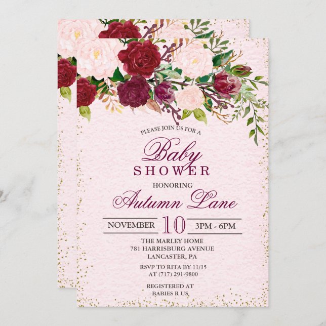Rustic Burgundy Floral Baby Shower Invitation (Front/Back)