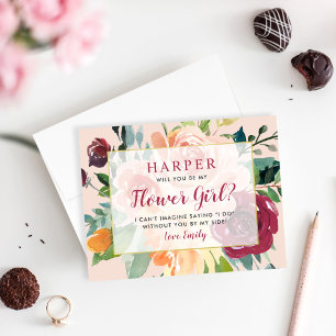 Rustic Burgundy Floral Be My Flower Girl Card