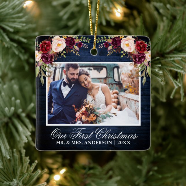 Rustic Burgundy Floral Blue Wood First Christmas Ceramic Ornament (Tree)
