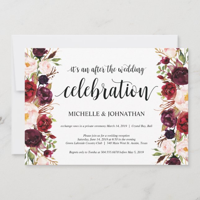 Rustic Burgundy Floral Elopement Reception Invites (Front)
