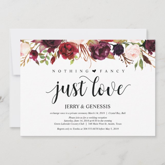 Rustic Burgundy Floral Elopement Reception Invites (Front)