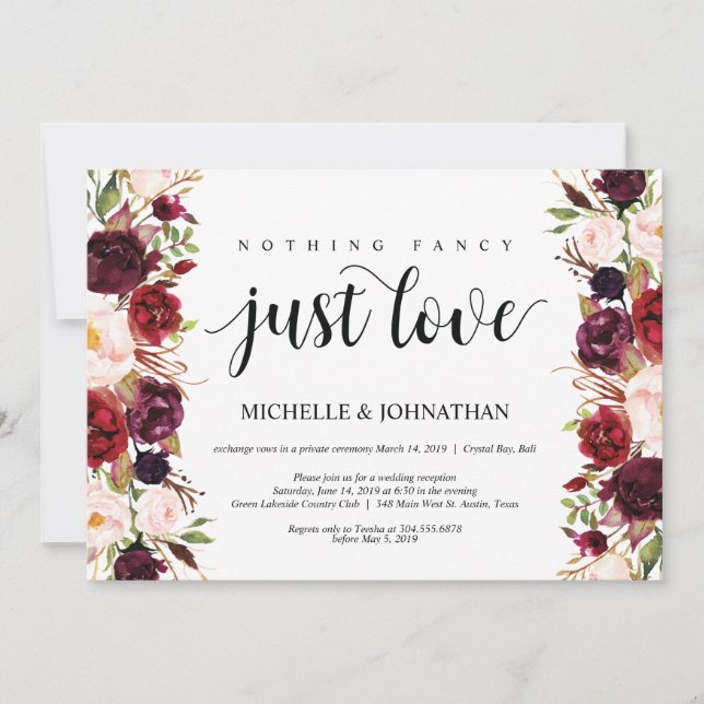 Rustic Burgundy Floral Elopement Reception Invites (Front)