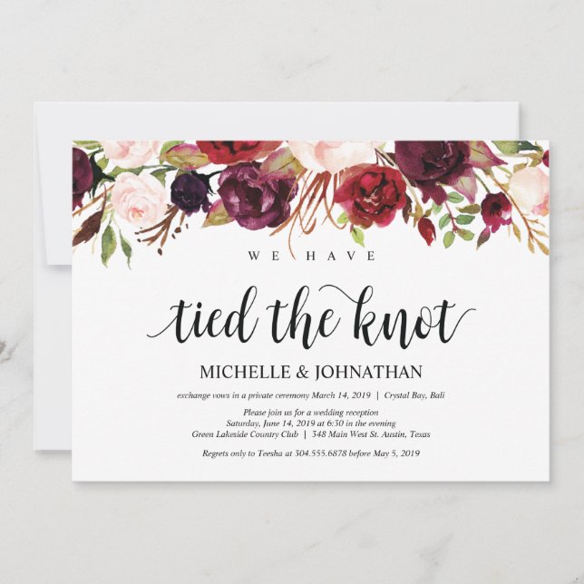 Rustic Burgundy Floral Elopement Reception Invites (Front)