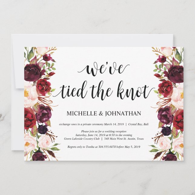 Rustic Burgundy Floral Elopement Reception Invites (Front)