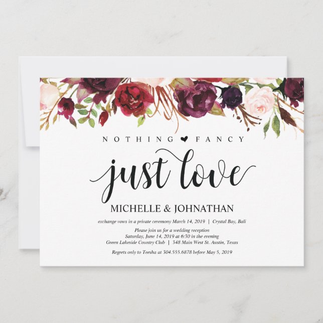 Rustic Burgundy Floral Elopement Reception Invites (Front)