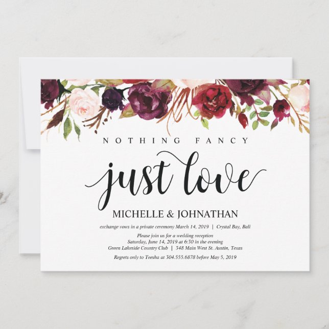 Rustic Burgundy Floral Elopement Reception Invites (Front)