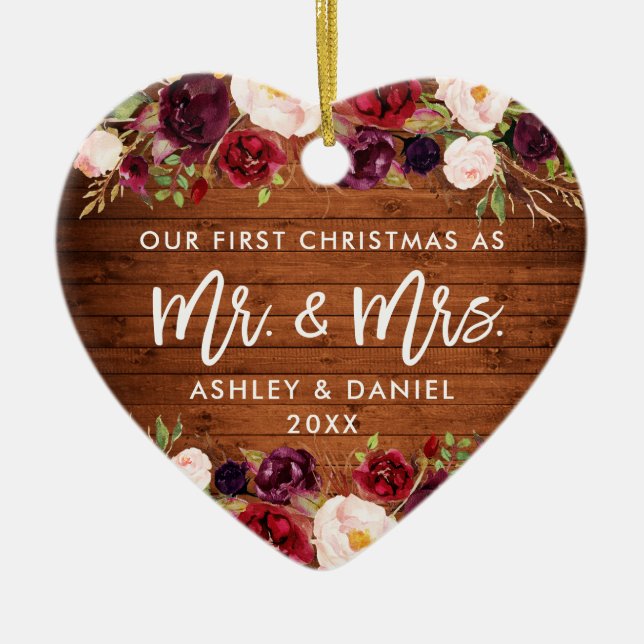 Rustic Burgundy Floral First Christmas Wedding Ceramic Ornament (Front)