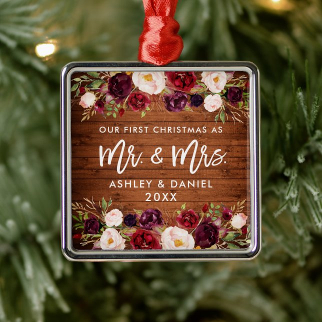 Rustic Burgundy Floral First Christmas Wedding Metal Ornament (Tree)