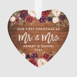 Rustic Burgundy Floral First Christmas Wedding Ornament