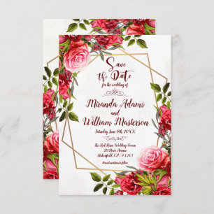 Rustic Burgundy Floral Gold Save the Date Wedding Invitation