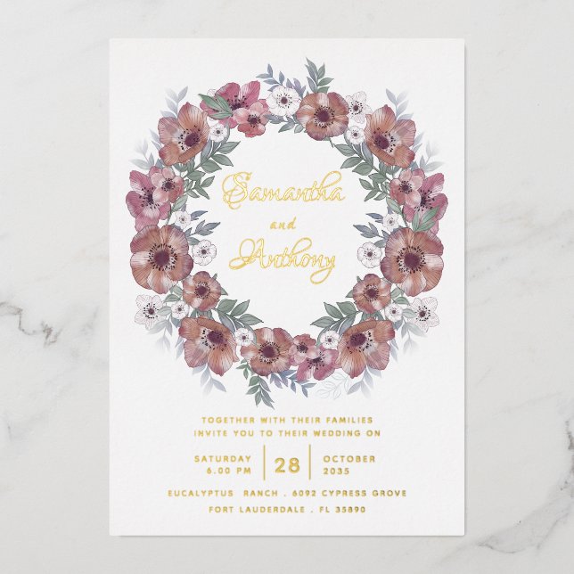 Rustic Burgundy Floral Gold Script Wedding (Front)