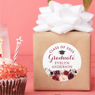 Rustic Burgundy Floral Graduate Graduation Classic Round Sticker