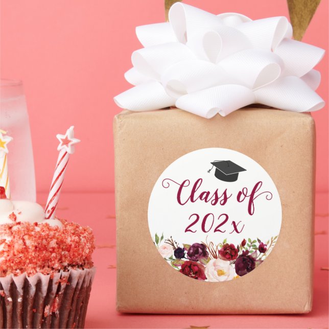 Rustic Burgundy Floral Graduation Classic Round Sticker (Party)